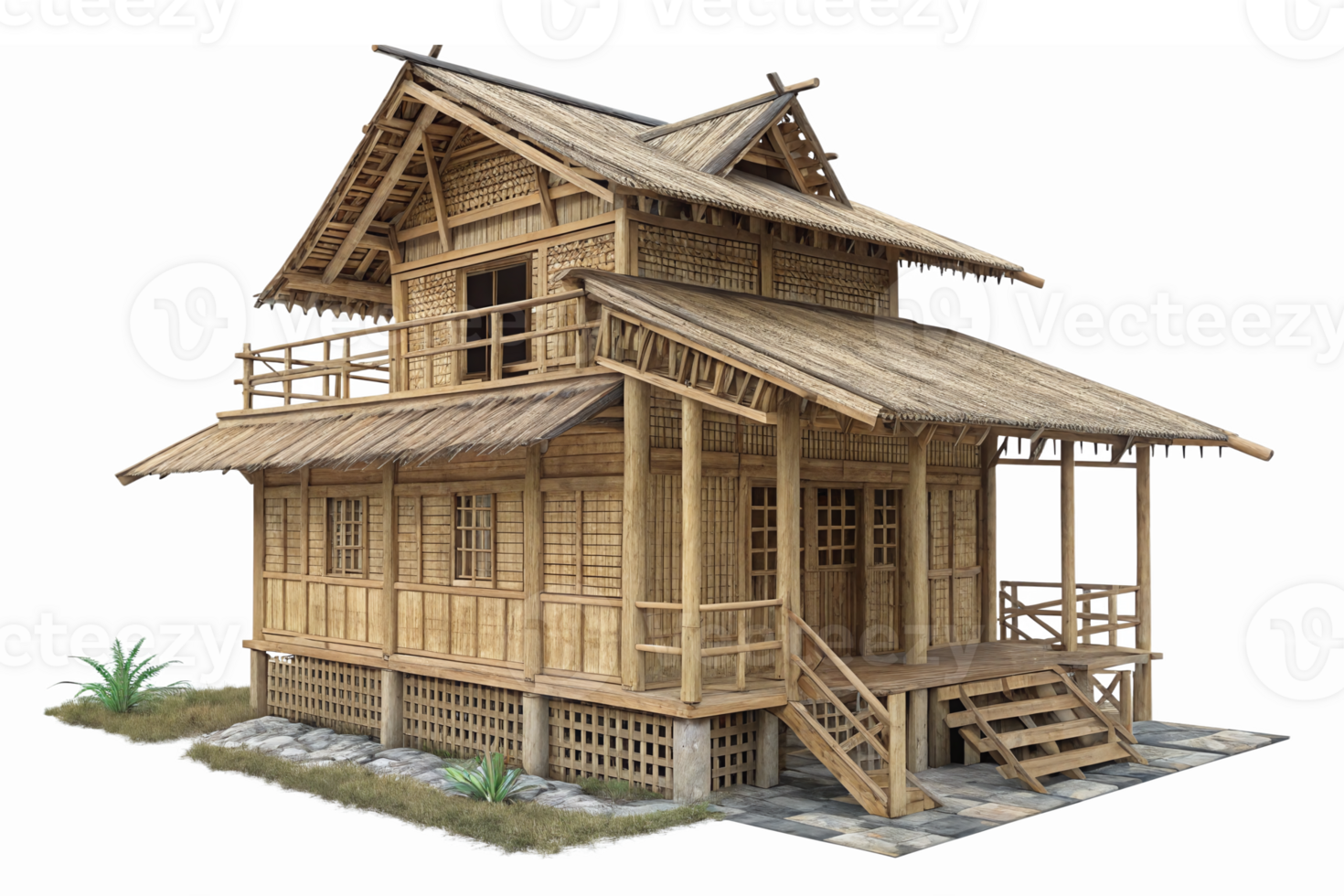 Traditional Bamboo House Model with Detailed Architecture and Natural Surroundings png