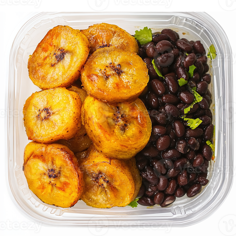 Delicious Fried Plantains with Black Beans in Clear Food Container for Healthy Meal Prep png