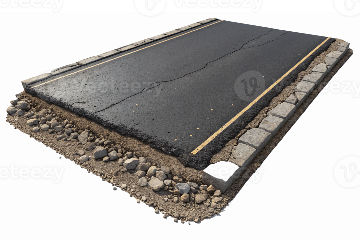 Detailed Asphalt Road Section with Cracks and Gravel Edges for Urban Infrastructure Design png