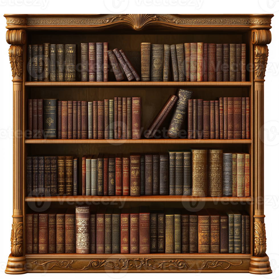 Vintage Wooden Bookshelf Filled with Classic Leather-Bound Books for Home Library Decor png