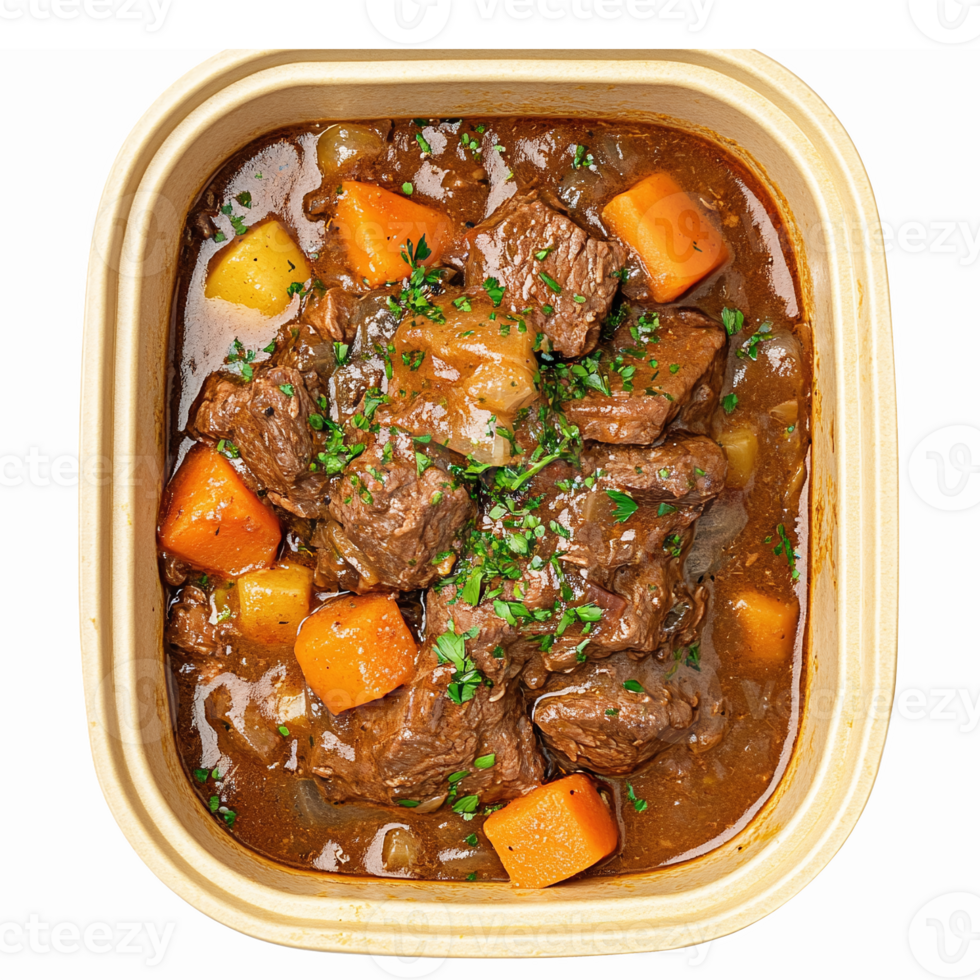 Delicious Homemade Beef Stew with Vegetables in Eco-Friendly Container png