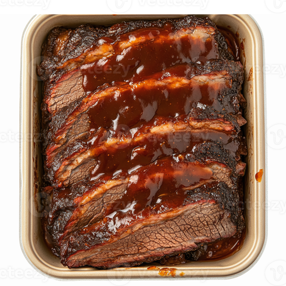 Delicious Barbecue Brisket Covered in Rich Sauce in Ready to Serve Container png