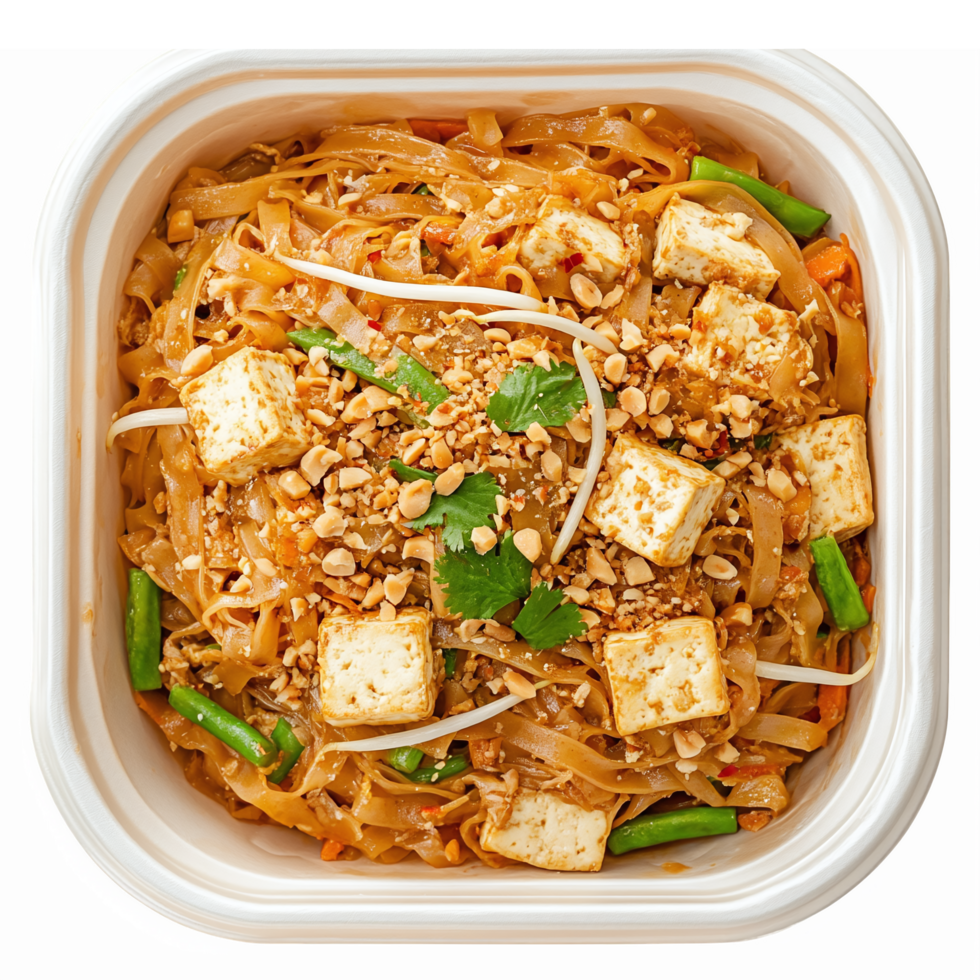Delicious Pad Thai Noodles with Tofu and Vegetables in Takeout Container png