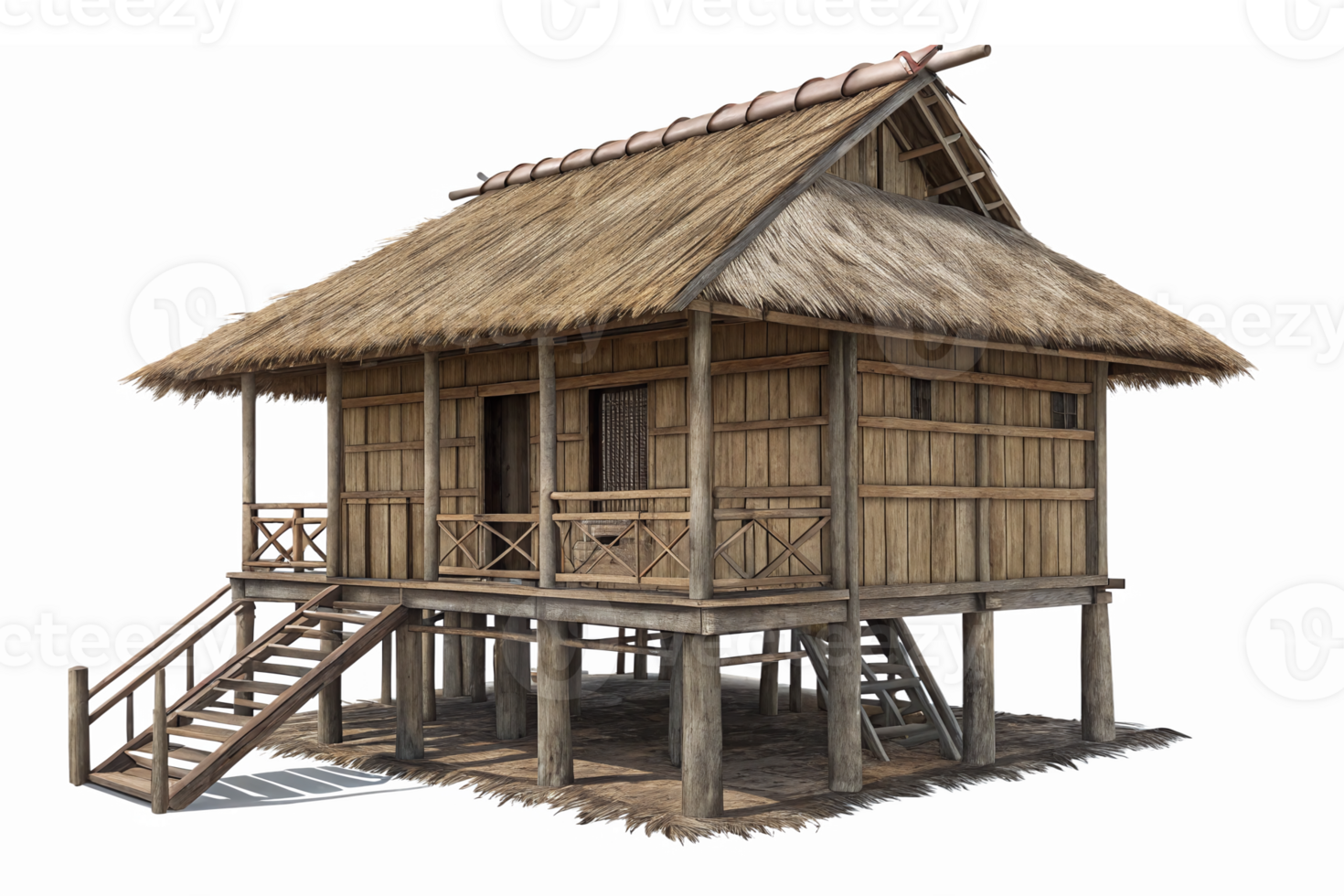 Traditional Asian Wooden House with Thatched Roof and Elevated Design on Transparent Background png