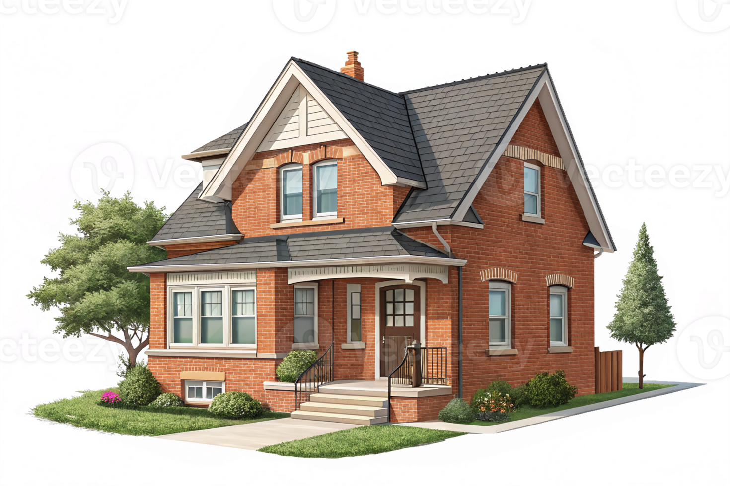 Charming Red Brick House with Garden and Welcoming Porch in a Suburban Setting png