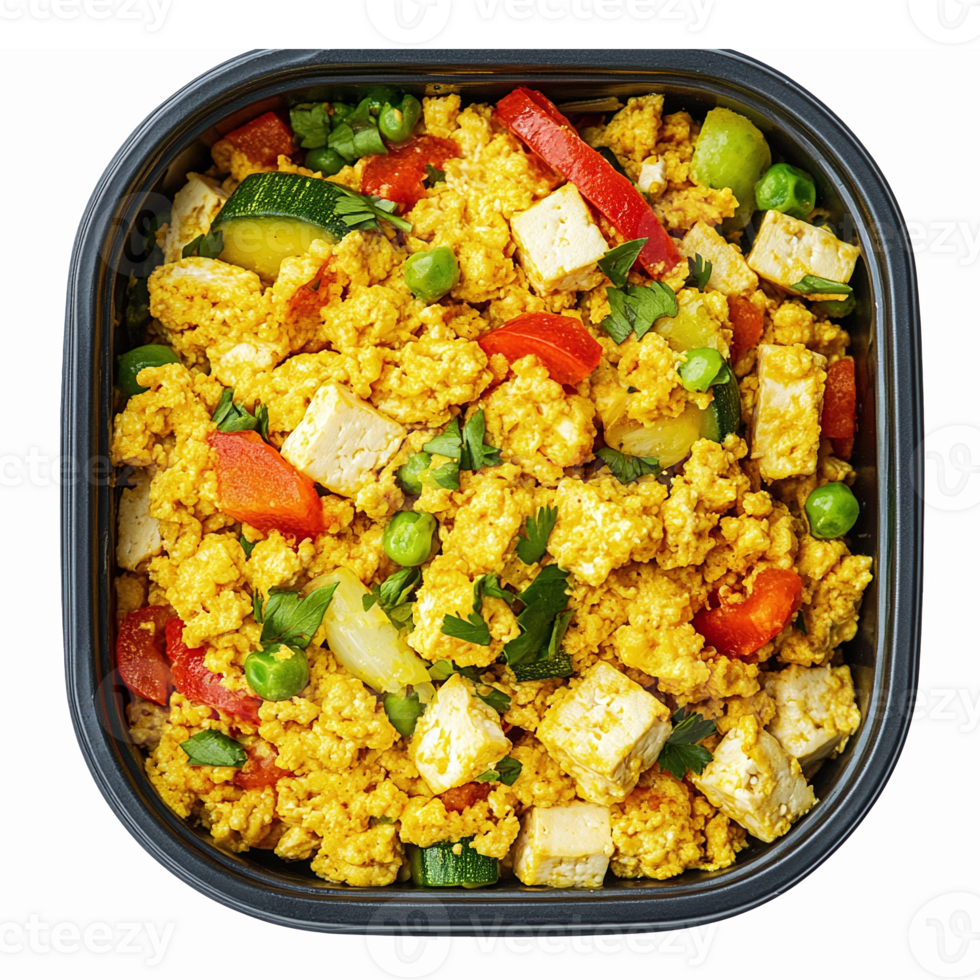 Colorful Vegetable Fried Rice with Tofu and Fresh Herbs in Transparent Container png