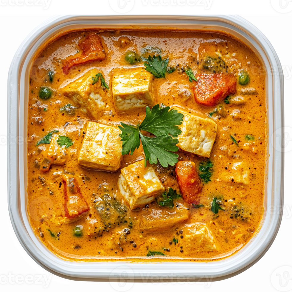 Delicious Creamy Paneer Curry with Colorful Vegetables and Fresh Herbs in a Transparent Bowl png
