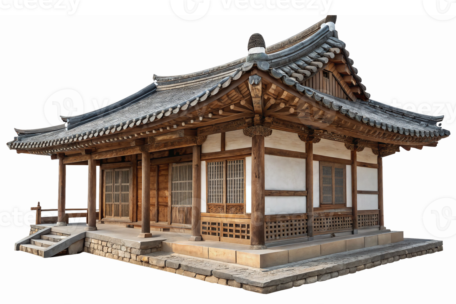 Traditional Korean Hanok Architectural Design with Detailed Woodwork and Curved Roof on Transparent Background png