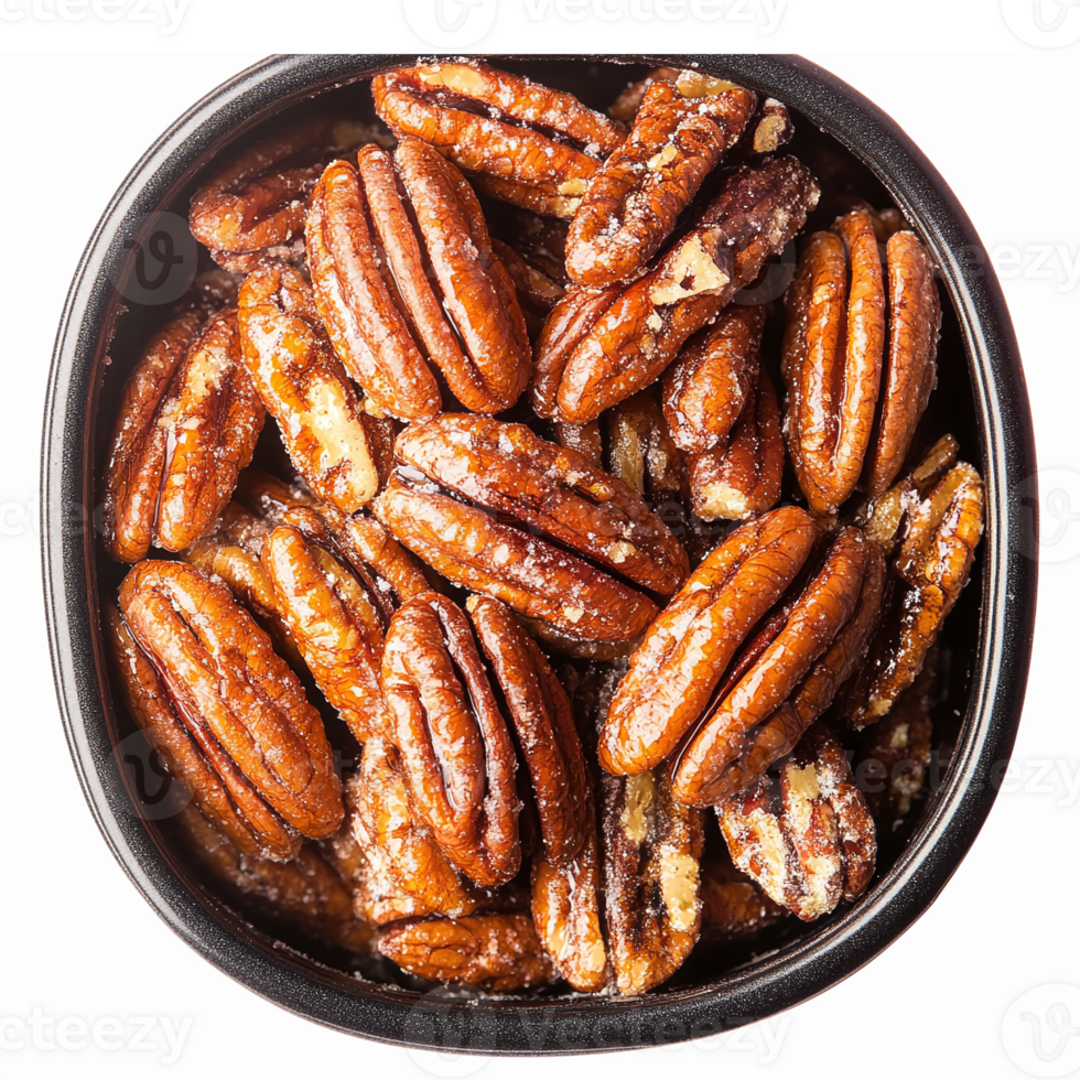 Delicious Caramelized Pecans in a Dark Serving Bowl with a Glossy Finish for Culinary Use png