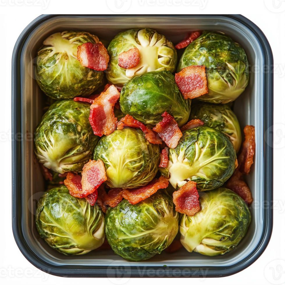 Roasted Brussels Sprouts with Crisp Bacon Pieces in a Silver Container png