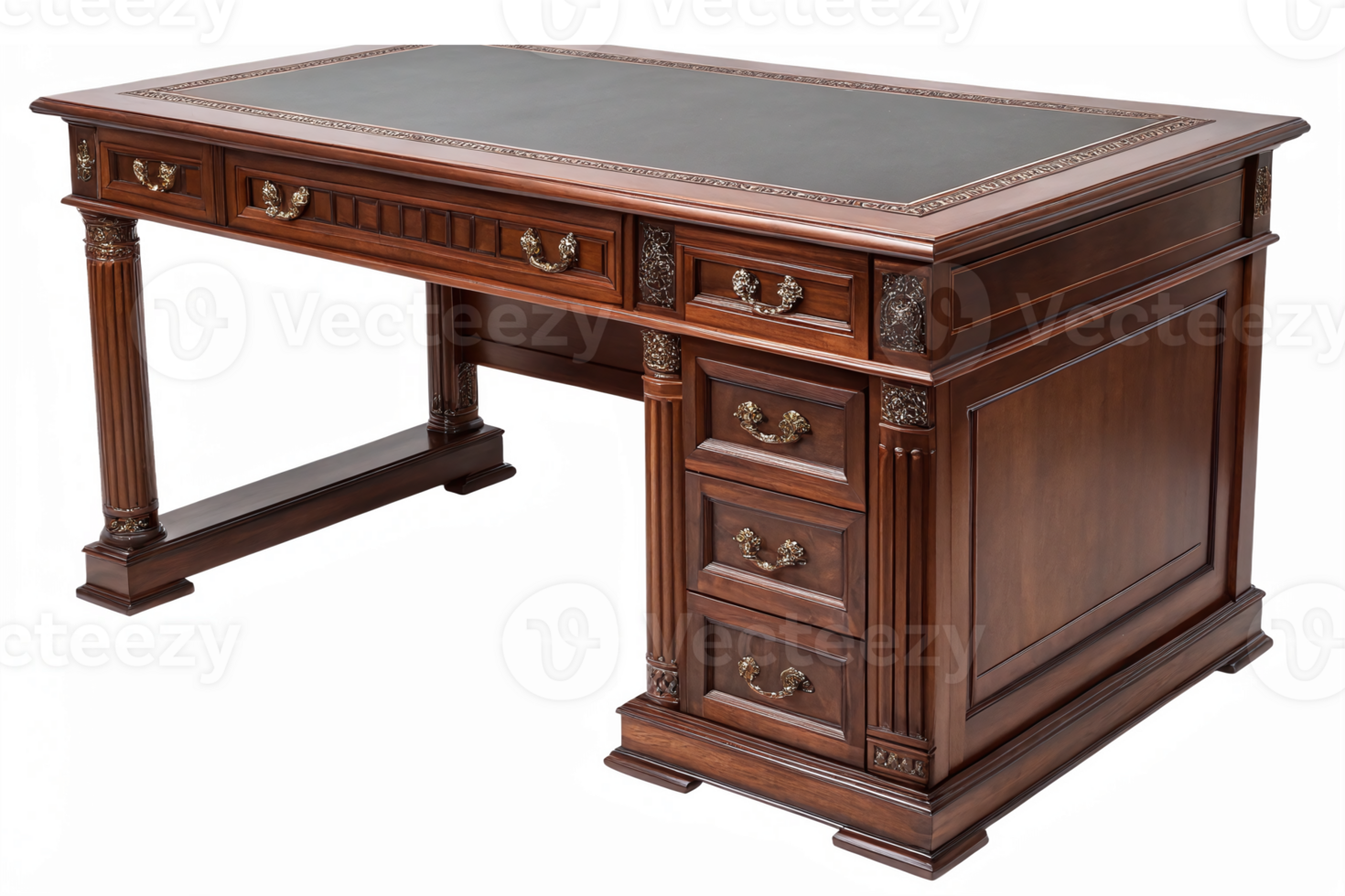 Elegant Wooden Executive Desk with Leather Top and Multiple Drawers for Office Decor png
