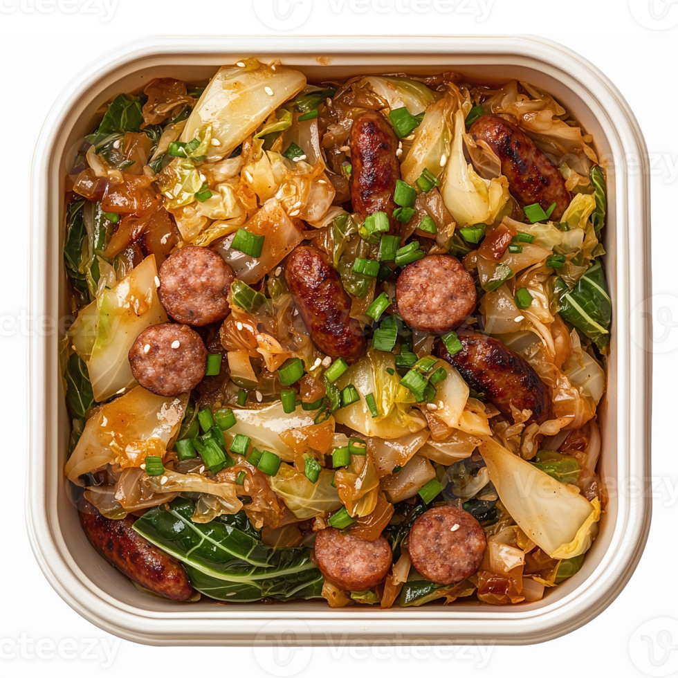 Delicious Vegetable Stir Fry with Sausage Top View in a White Container png