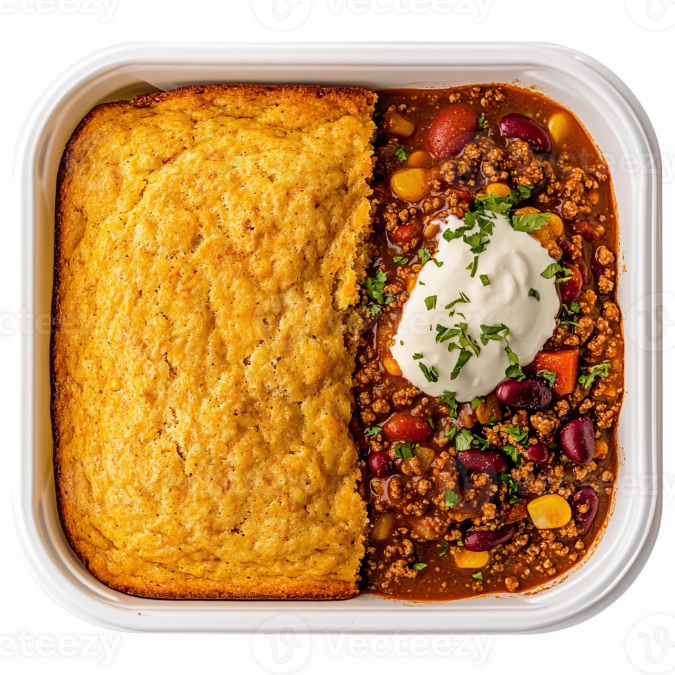Delicious Hearty Chili with Cornbread and Sour Cream Served in a White Container png
