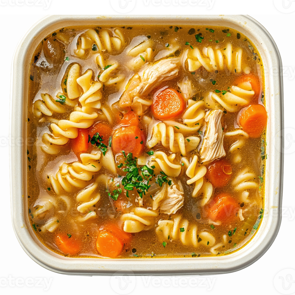 Delicious Chicken Noodle Soup with Rotini Pasta Carrots and Fresh Herbs in a Container png
