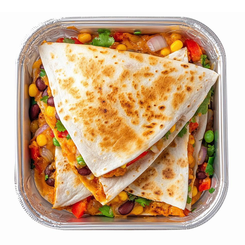 Delicious Crispy Quesadillas with Colorful Vegetable Filling in Clear Container png