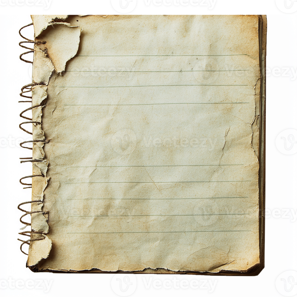 Vintage Torn Notebook Page with Blank Lines for Writing and Note Taking on Transparent Background png