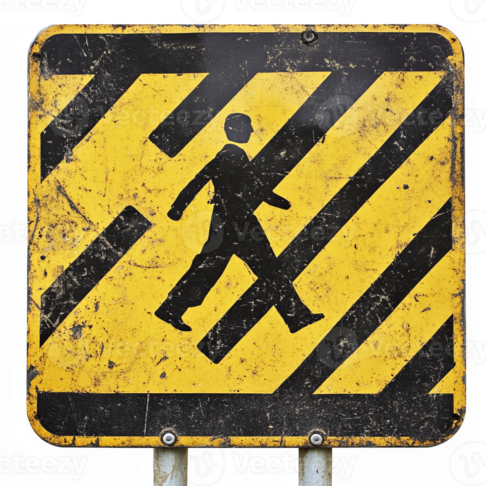 Yellow Pedestrian Crossing Sign with Distressed Texture for Urban Safety Awareness png