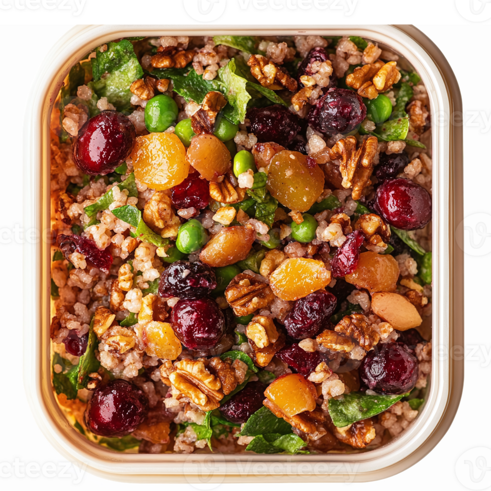Healthy Grain Salad with Nuts Dried Fruits Spinach and Peas in Transparent Bowl png