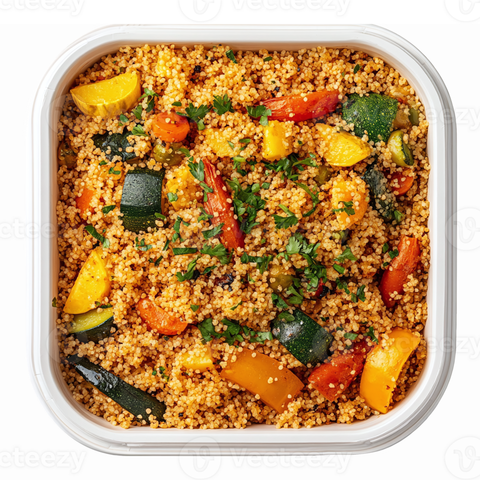 Delicious Vegetable Couscous Bowl with Colorful Fresh Vegetables and Herbs png