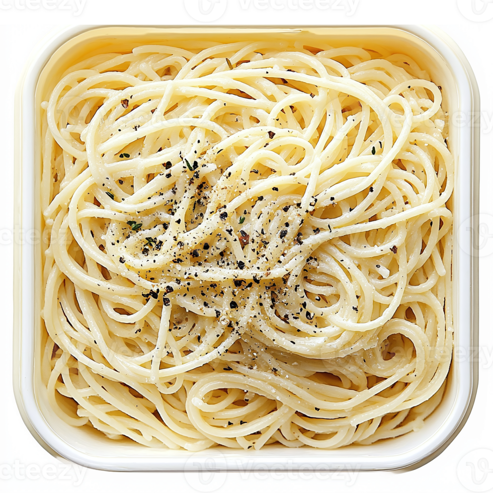 Delicious Plate of Cooked Spaghetti Noodles with Pepper Seasoning in Square Container png