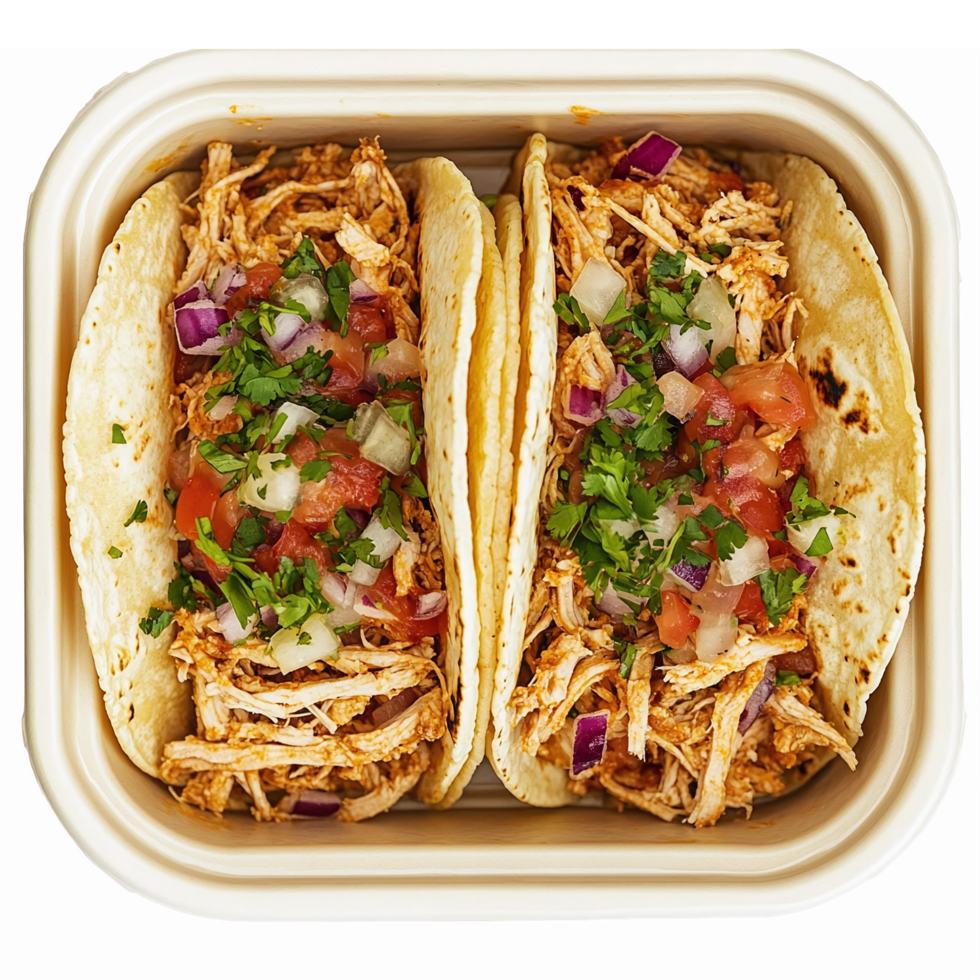 Delicious Shredded Chicken Tacos with Fresh Vegetables and Herbs in Rectangular Serving Container png