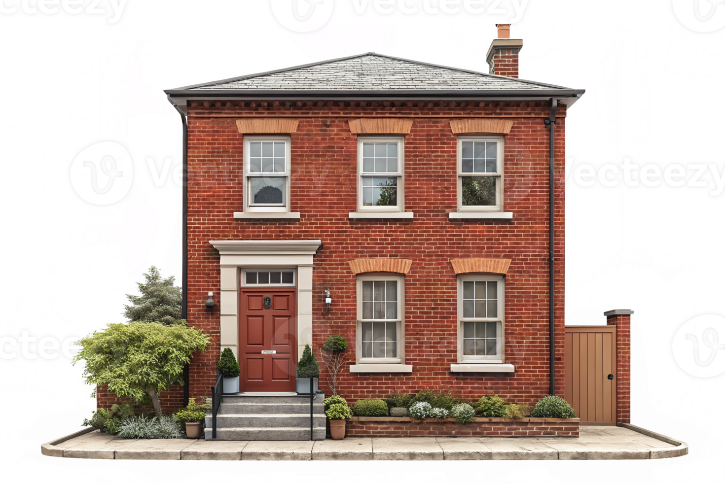 Elegant Red Brick House with Lush Greenery and Welcoming Front Steps for Modern Design Projects png