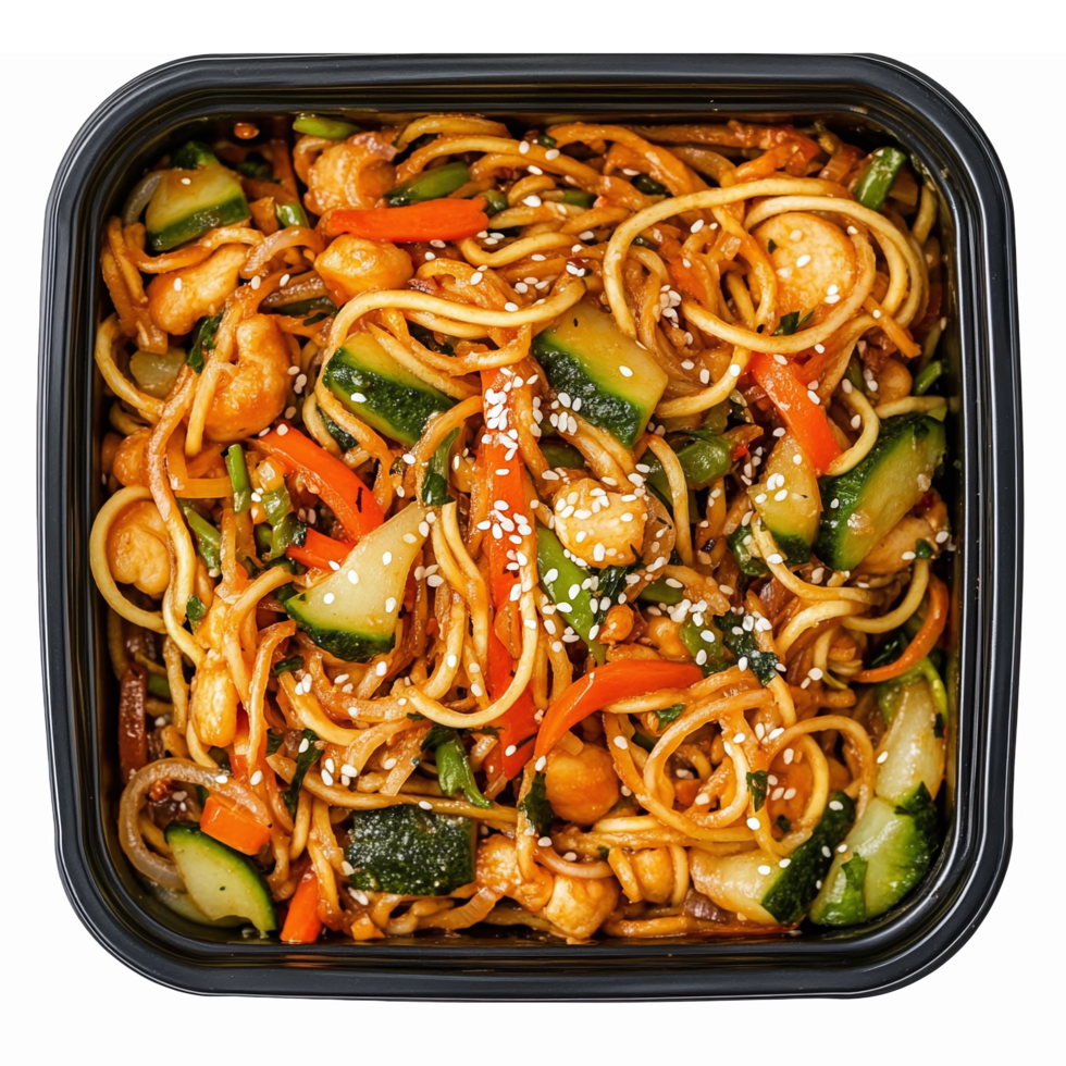 Delicious Stir Fried Noodles with Vegetables and Chicken in Takeout Box png