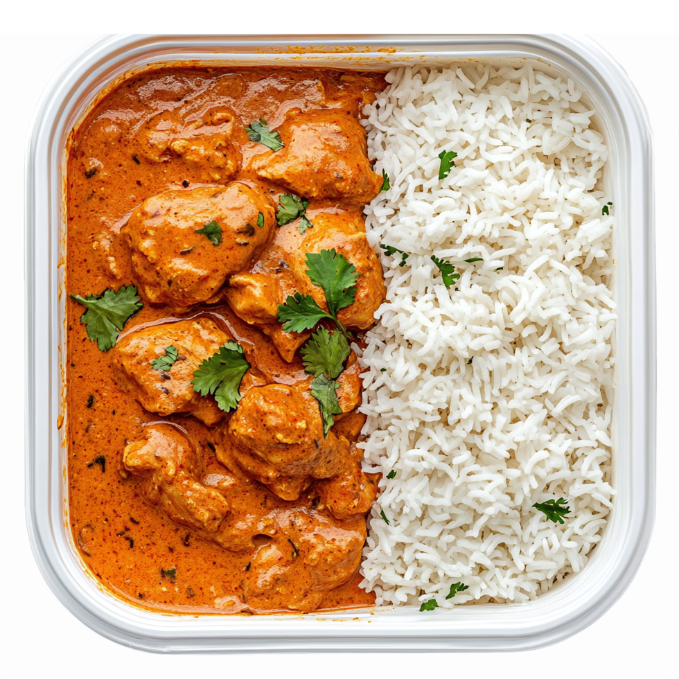 Delicious Butter Chicken with Basmati Rice in a Takeout Container for Food Lovers png