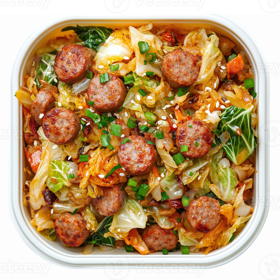 Delicious Cabbage and Sausage Stir Fry with Colorful Vegetables in a Bowl png