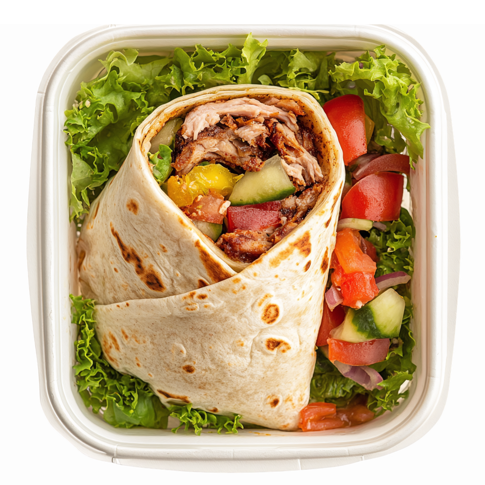 Delicious Chicken Wrap with Fresh Vegetables and Greens in Takeaway Box png