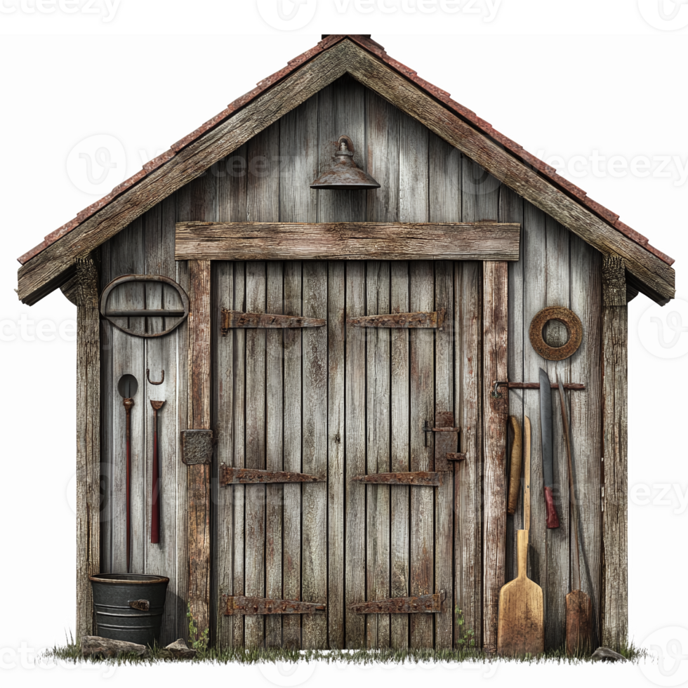 Rustic Wooden Shed with Gardening Tools and Farm Equipment on Transparent Background png