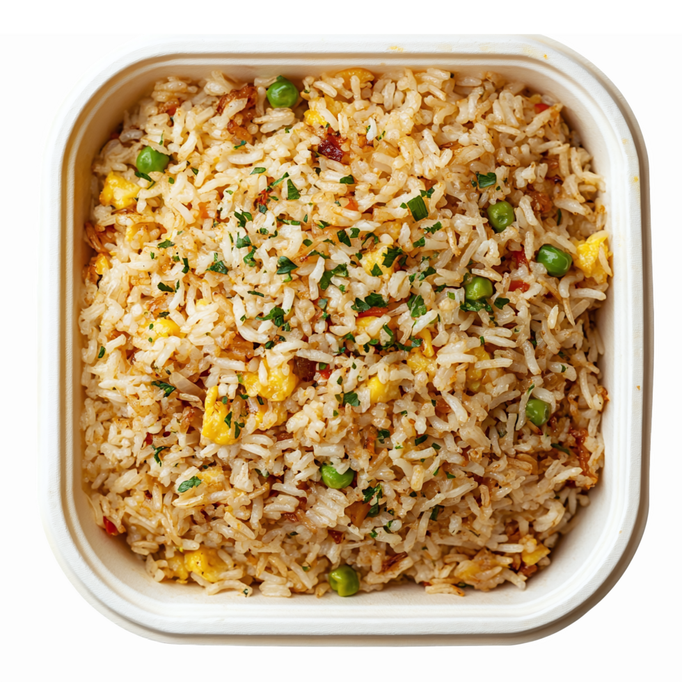 Delicious Fried Rice with Eggs Peas and Vegetables in Square Container for Culinary Delights png