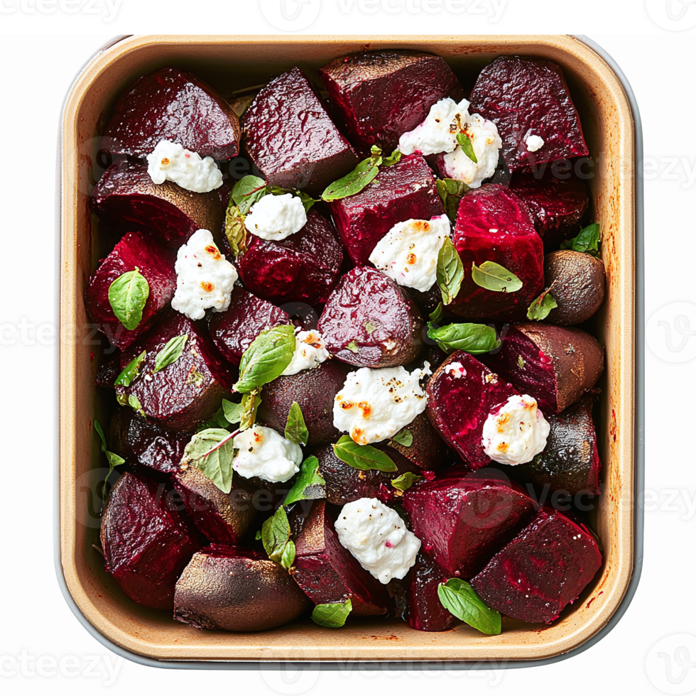 Colorful Roasted Beetroot Salad with Goat Cheese and Fresh Herbs in Wooden Bowl png