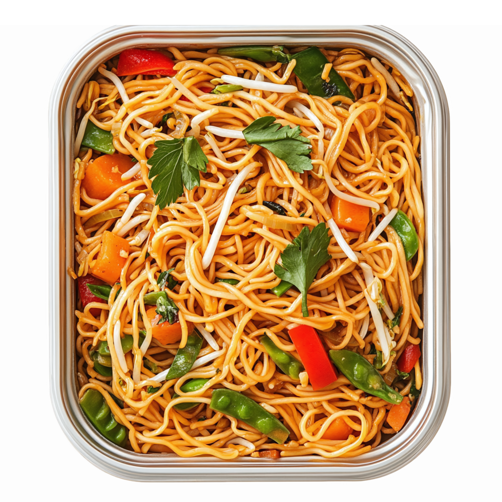 Delicious Asian Noodles with Colorful Vegetables in a Square Container for Recipes and Menus png