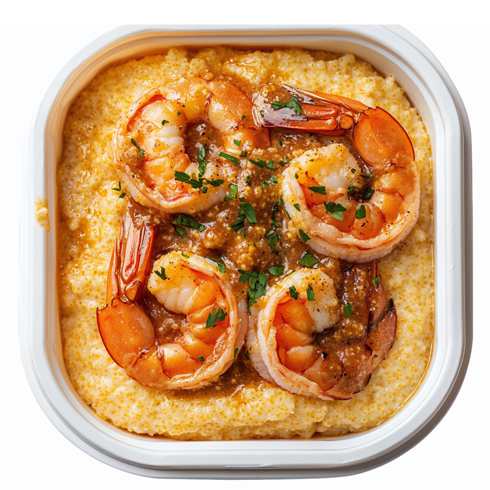 Delicious Shrimp and Grits Dish in Square Container with Fresh Herbs and Spicy Sauce png