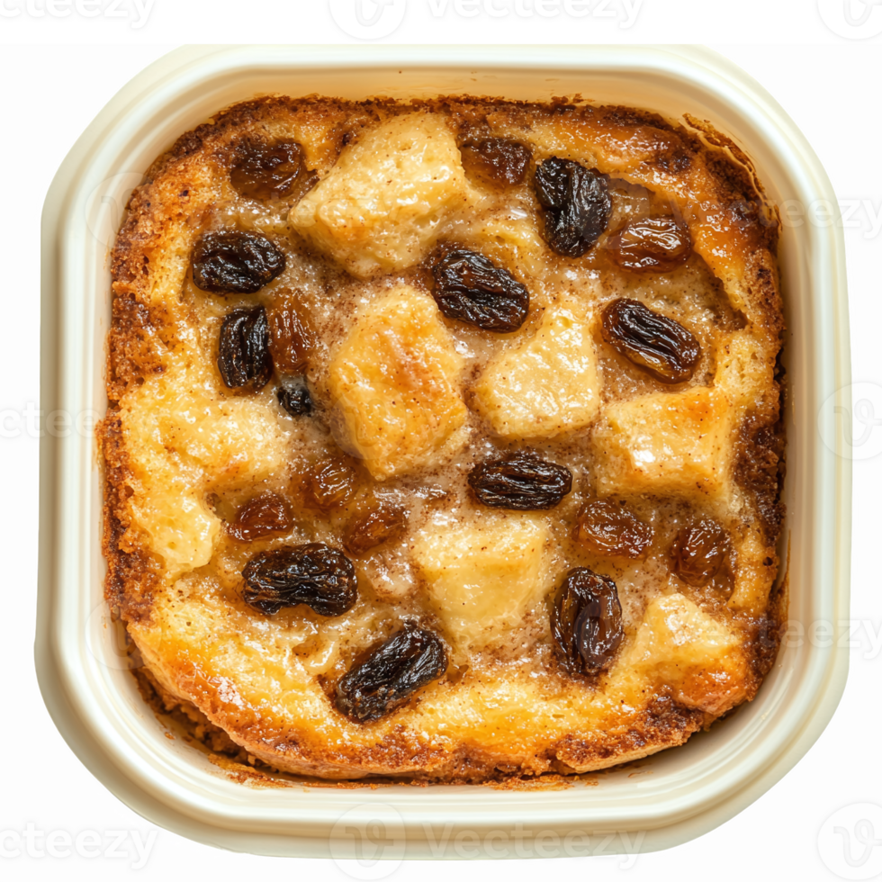 Delicious Bread Pudding with Raisins and Apples in a White Bowl Isolated on Transparent Background png