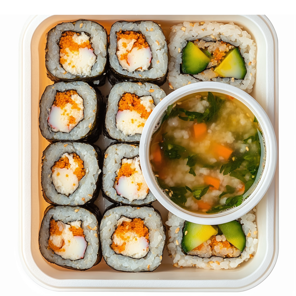 Delicious Sushi Platter with Miso Soup on a White Background Featuring Rolls and Garnishes png