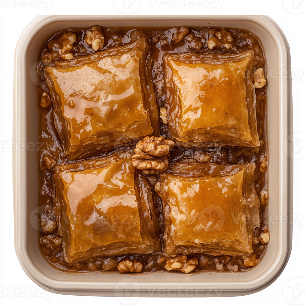 Delicious Baklava Dessert Display with Honey Syrup and Walnut Toppings in a Cream Colored Dish png