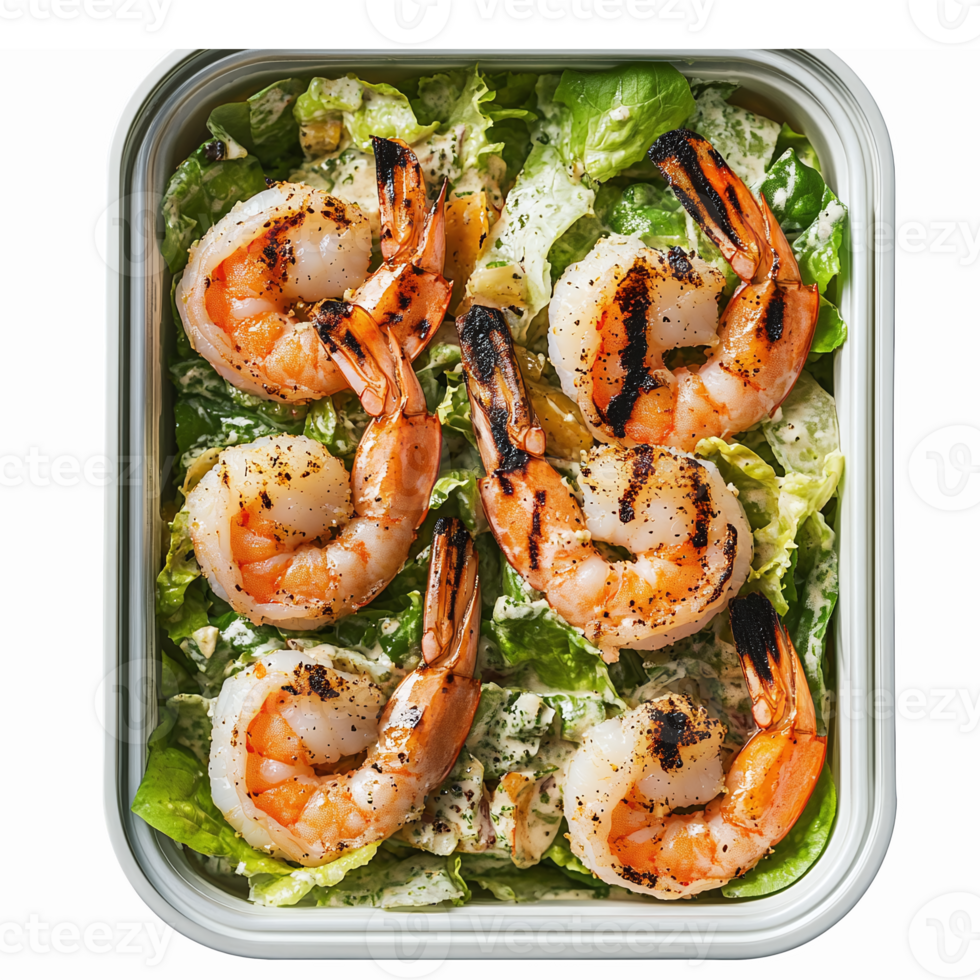 Grilled Shrimp Serving on Fresh Romaine Lettuce in a Clear Container for Healthy Meal Prep png