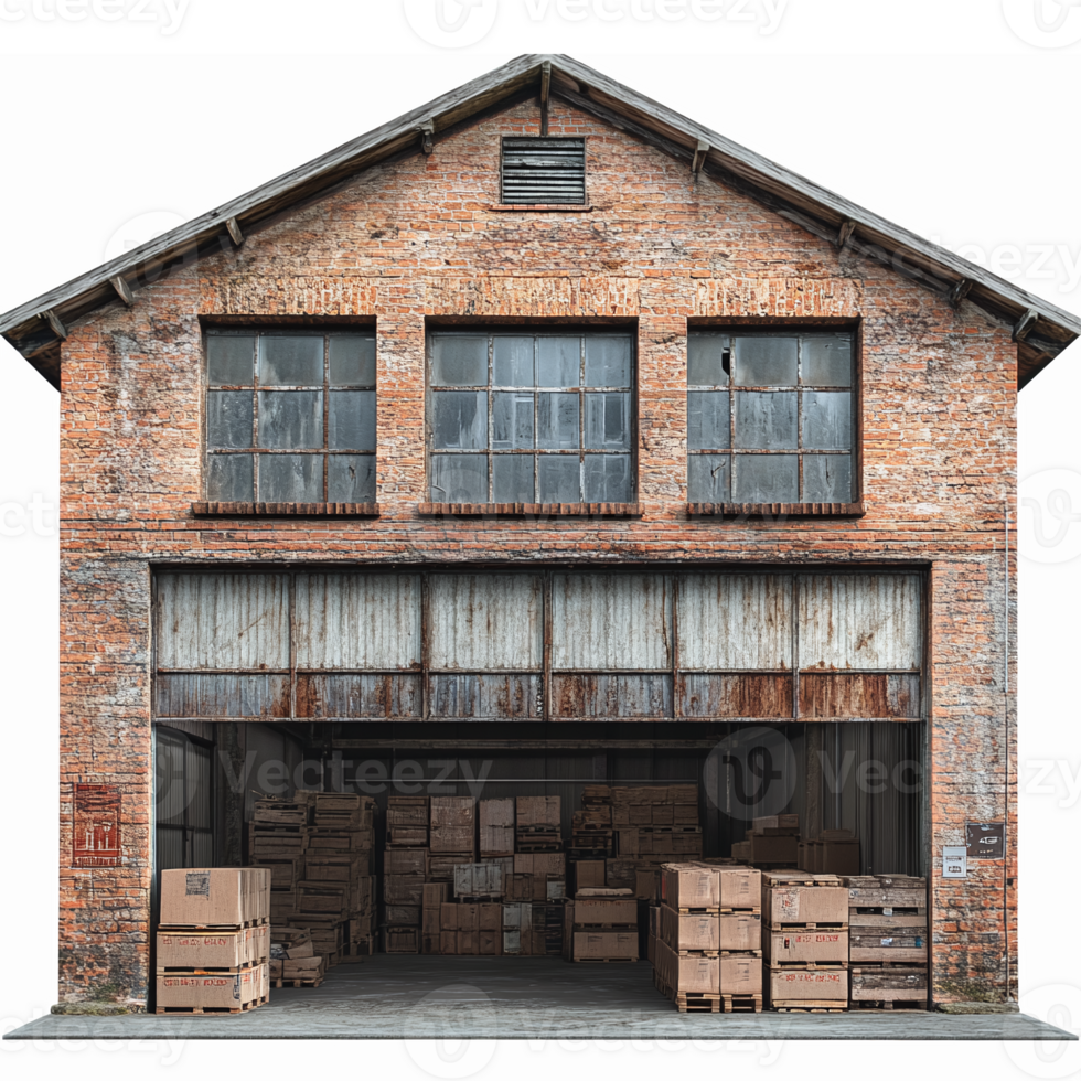 Rustic Warehouse Exterior with Open Loading Dock and Stacked Wooden Crates png