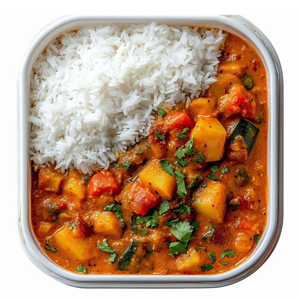 Delicious Vegetarian Curry with Rice in Bowl Garnished with Fresh Cilantro and Tomatoes png