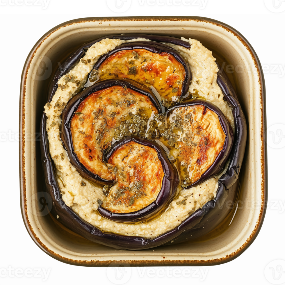 Baked Eggplant Dish with Creamy Hummus and Herb Garnish in a Square Bowl png