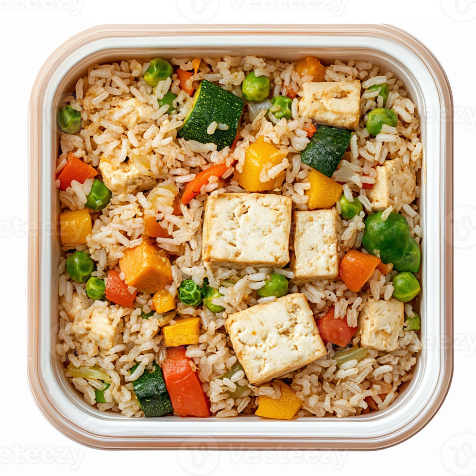 Delicious Stir Fried Rice Bowl with Tofu Colorful Vegetables and Fresh Herbs png