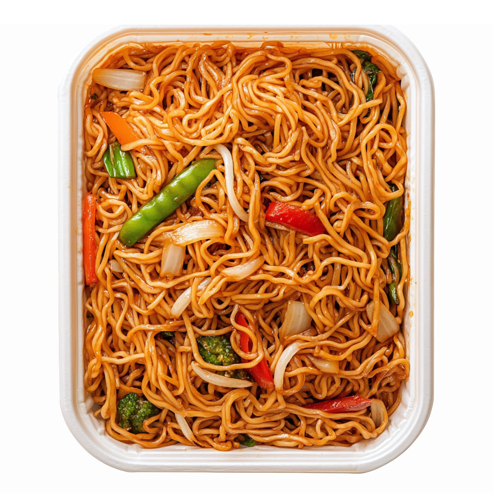 Delicious Asian Stir Fried Noodles with Colorful Vegetables in Takeout Container png