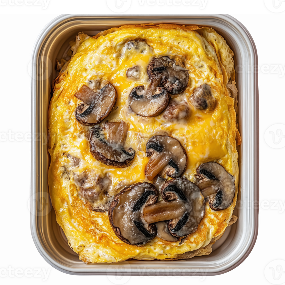 Delicious Baked Omelette with Mushrooms and Cheese Served in a Square Dish png