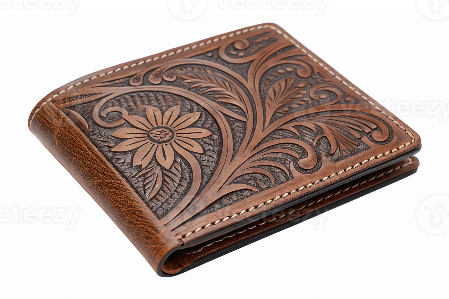 Brown Leather Wallet with Intricate Floral Carving and Textured Design for Fashion Accessories png
