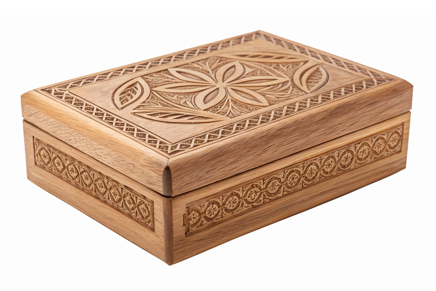 Intricate Wooden Jewelry Box with Detailed Carvings and Elegant Design png