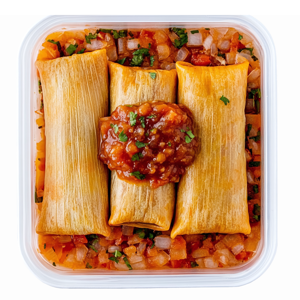 Delicious Homemade Tamales with Salsa and Fresh Vegetables in Takeout Container png