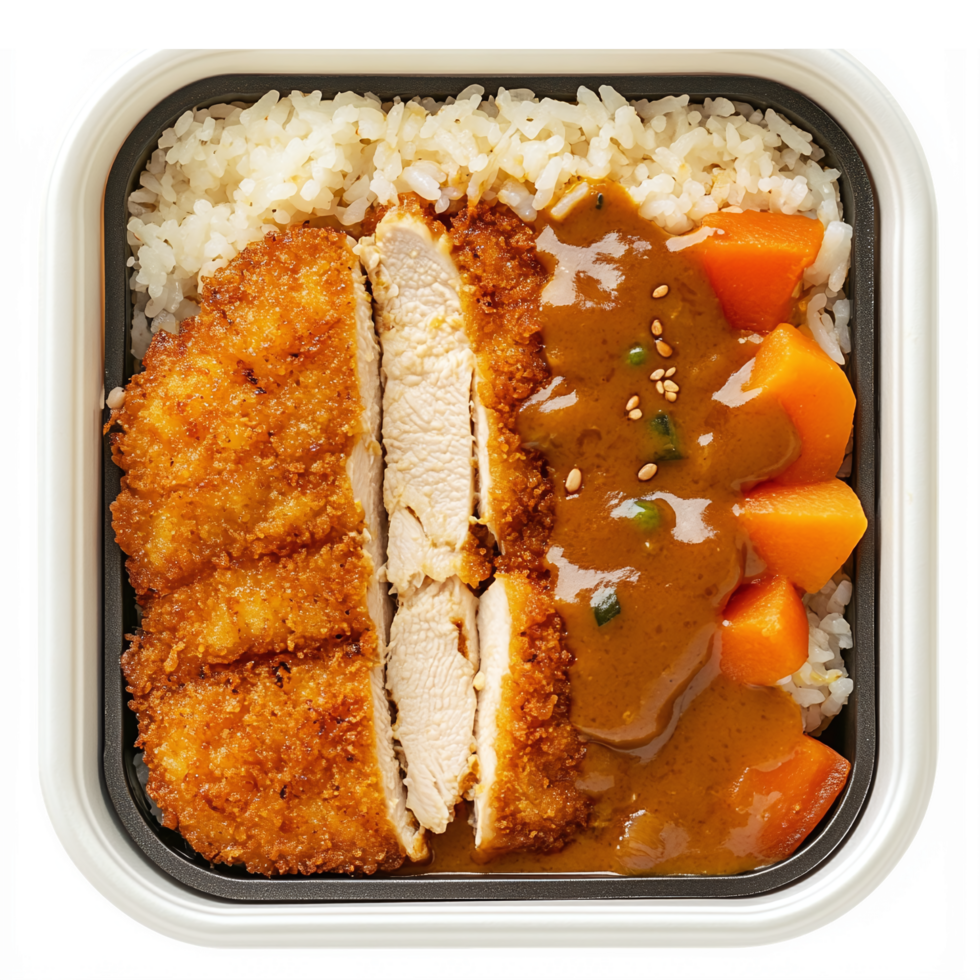 Crispy Chicken Katsu Curry Rice Bowl with Golden Sauce and Vegetables on a Transparent Background png