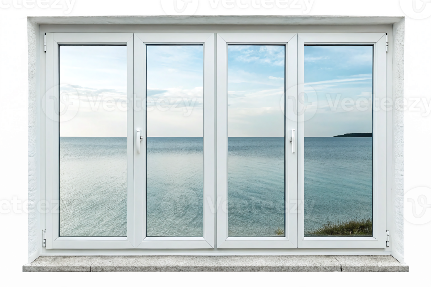 Elegant White Frame Window Showcasing Stunning Seascape View with Clear Blue Sky png